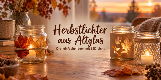 Drei Herbstlichter aus wiederverwendeten Gläsern mit Blättern, Papier und LED-Teelichtern