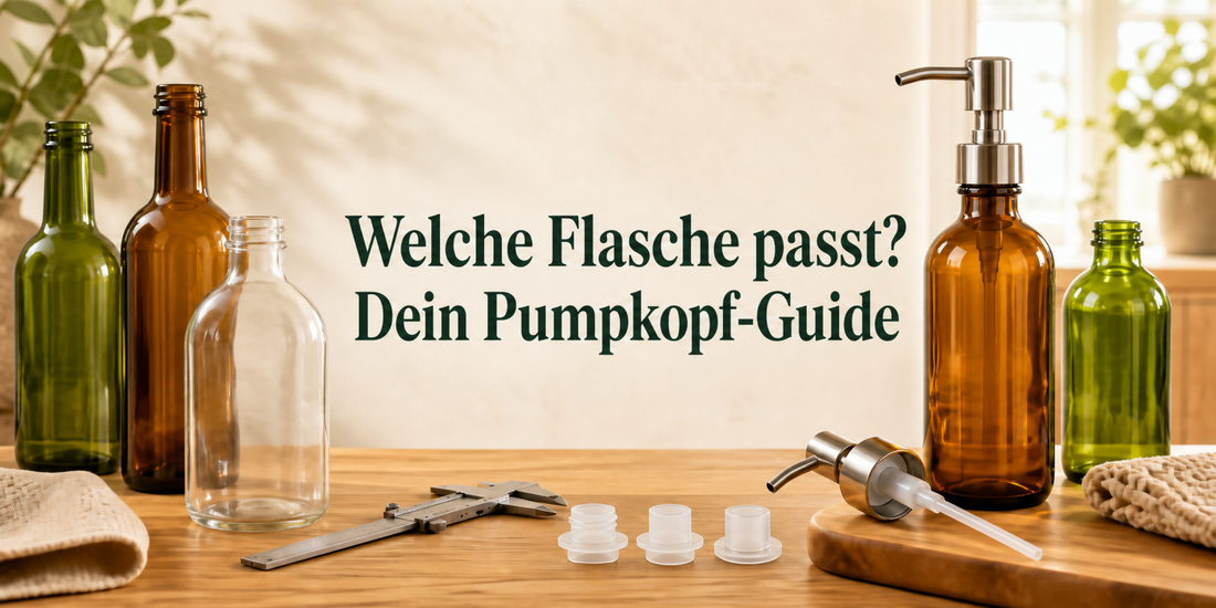 Verschiedene Glasflaschen, Pumpköpfe und Dichtungsringe für den Altglas Pumpkopf-Guide
